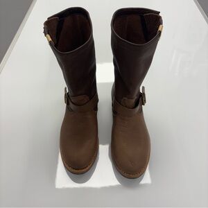 visvim T.W.O. Engineer Boots Dark Brown Leather Buckle Dainite Sole Men Size 10